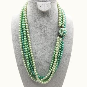 Vintage Green Multi Strand Faux Pearl Necklace 50s Style Classic Timeless